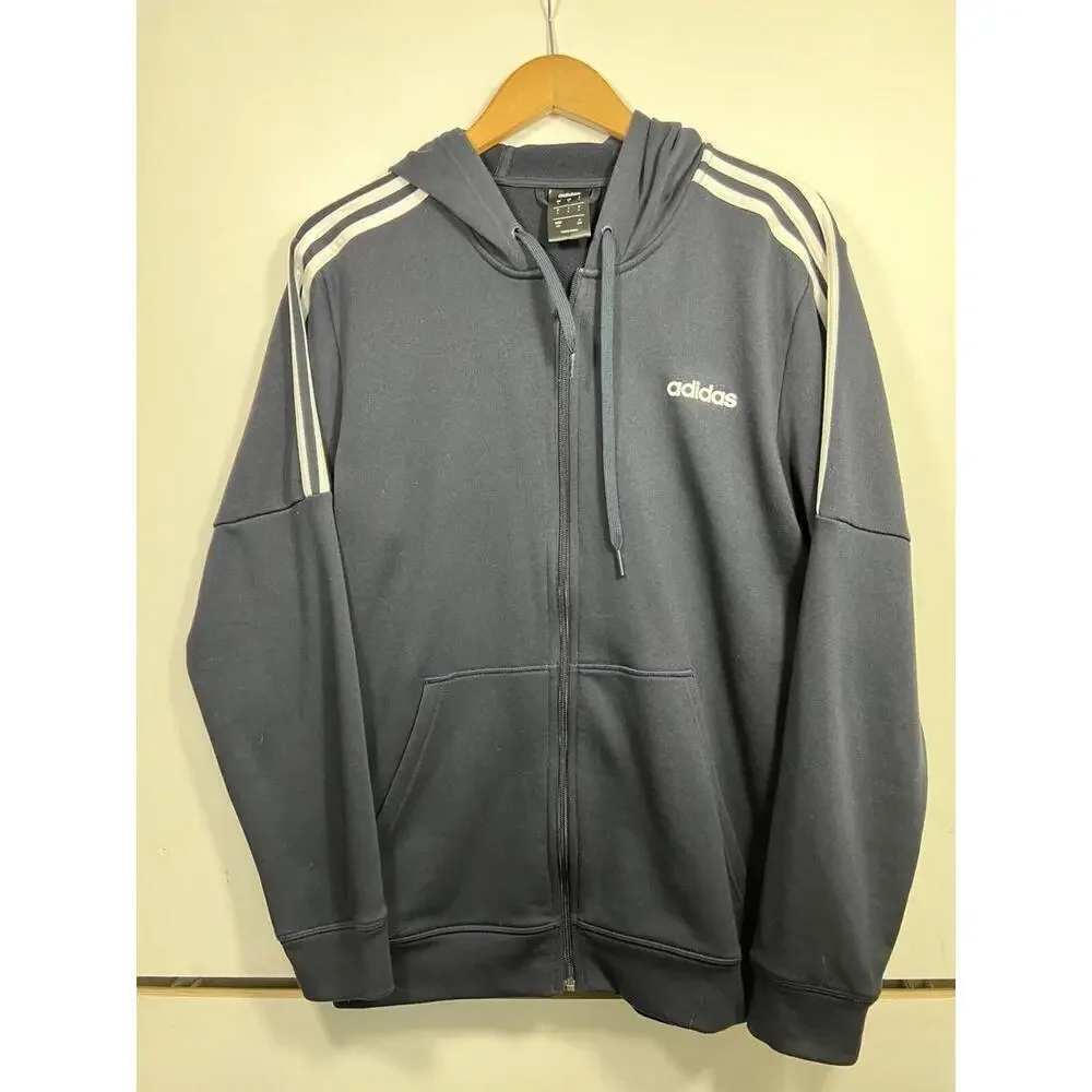 Adidas Men's Large Blue Hoodie White Stripes Track Jacket Sweatshirt Climalite